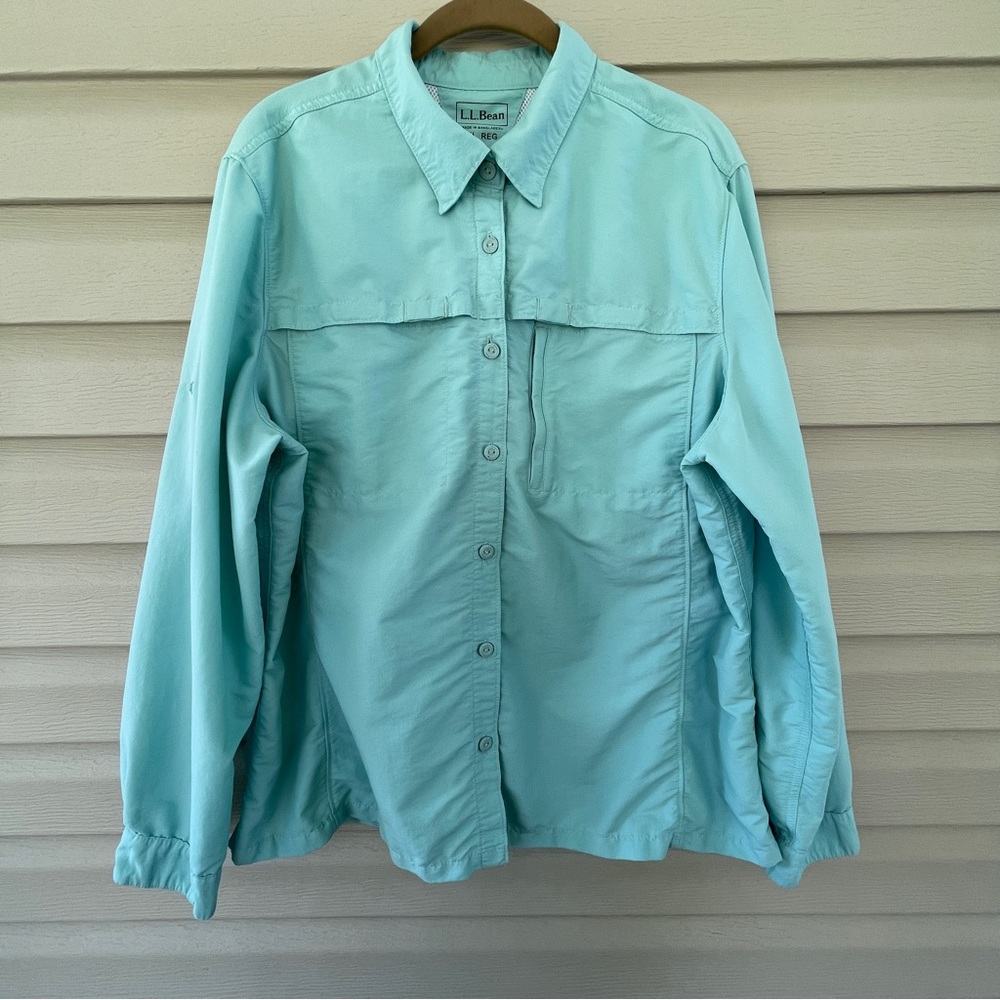 L.L. Bean Aqua Blue Mint Button Down Long Sleeve Cape Top Size XL